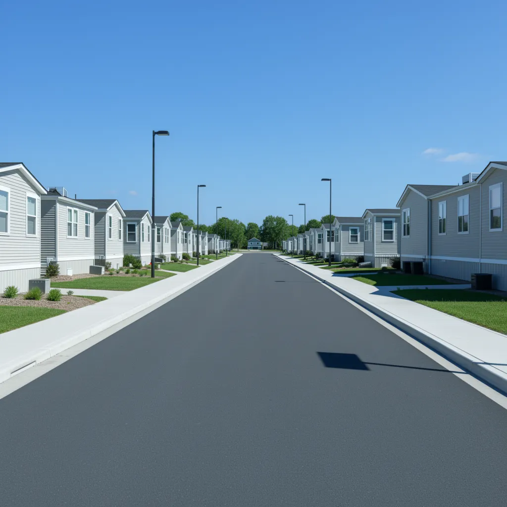 Internal road network inside a manufactured housing community with wide streets