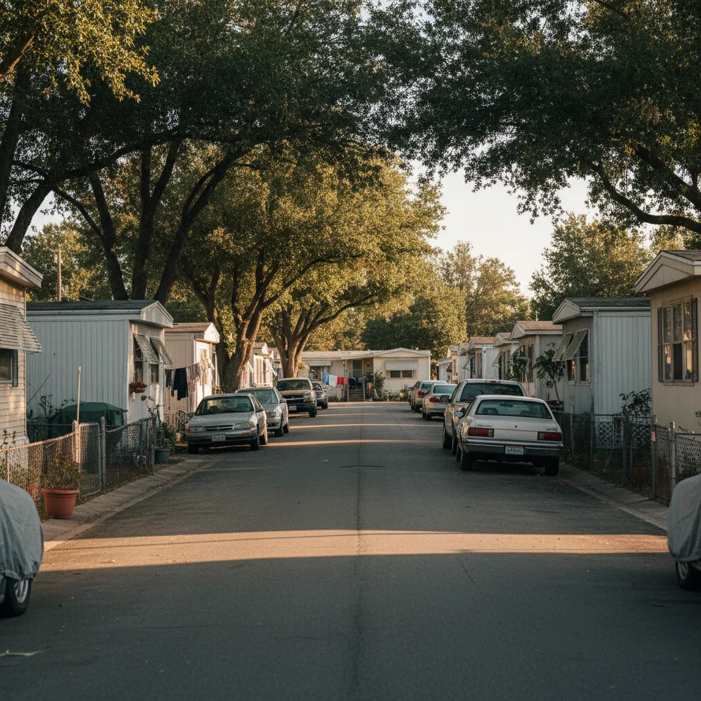 Narrow mobile home park road with parked cars causing congestion