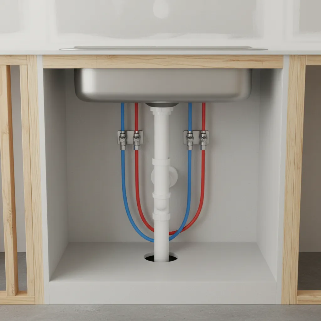 Simplified plumbing layout for a manufactured home kitchen sink system