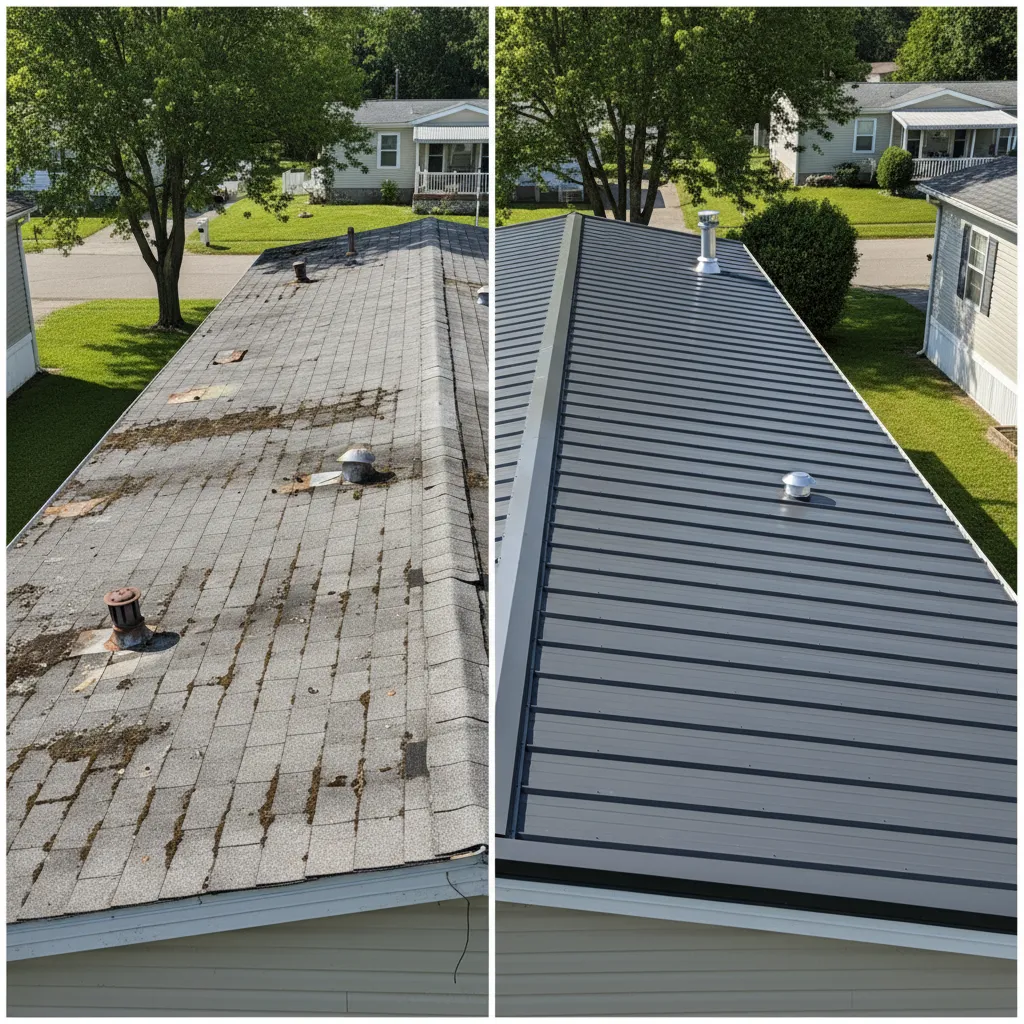 comparison of old mobile home roof and newly replaced metal roof