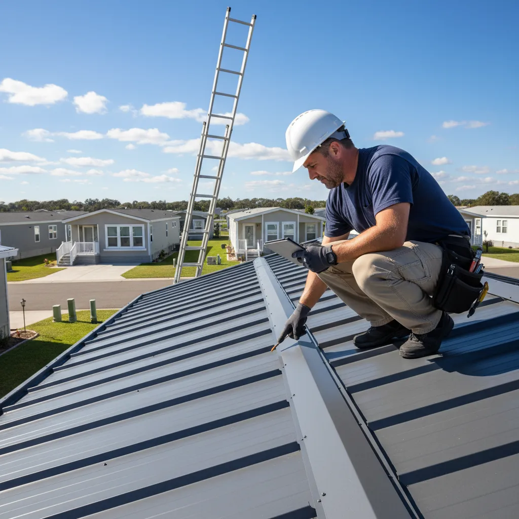 contractor inspecting aging metal roof on a manufactured home