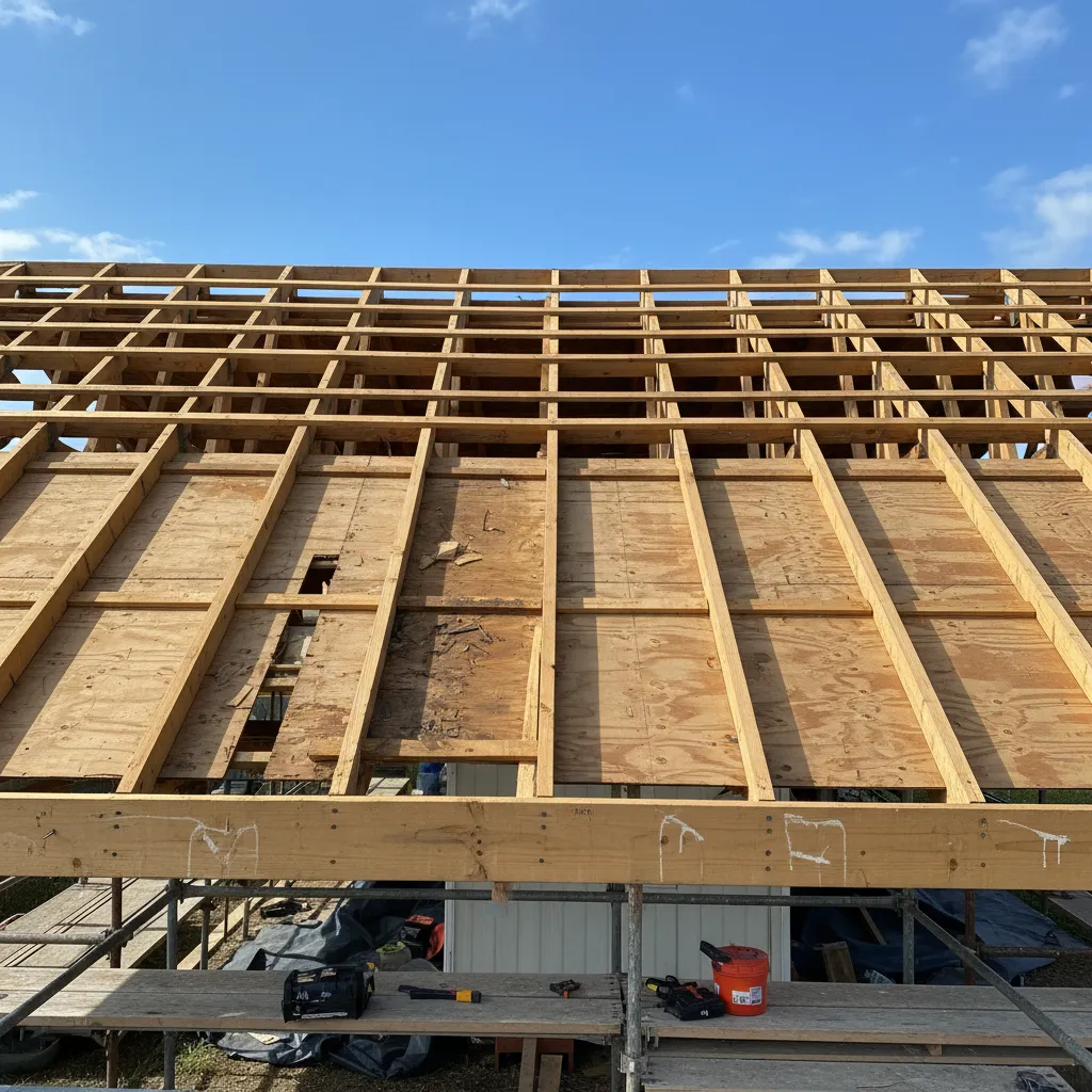 exposed wooden roof trusses and damaged decking on mobile home