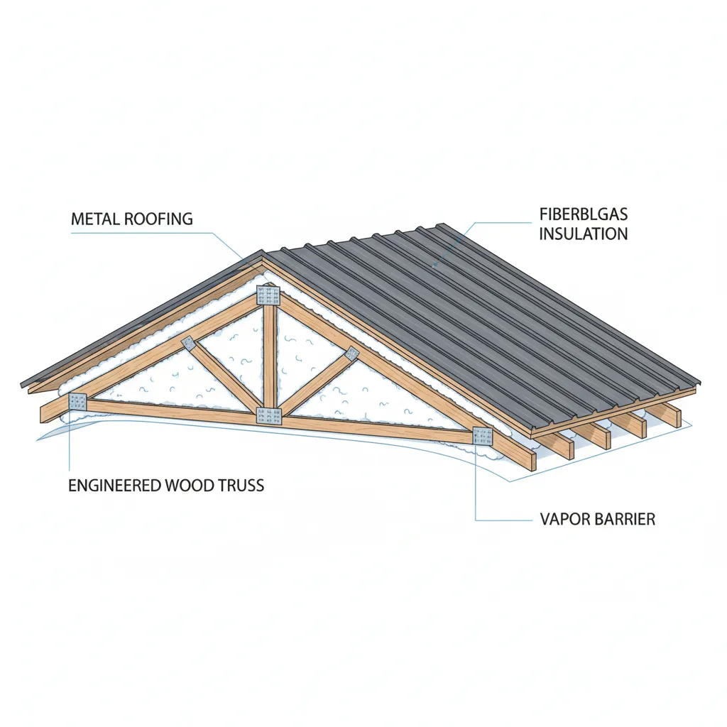 Diagram showing roof structure and material layers for a mobile home