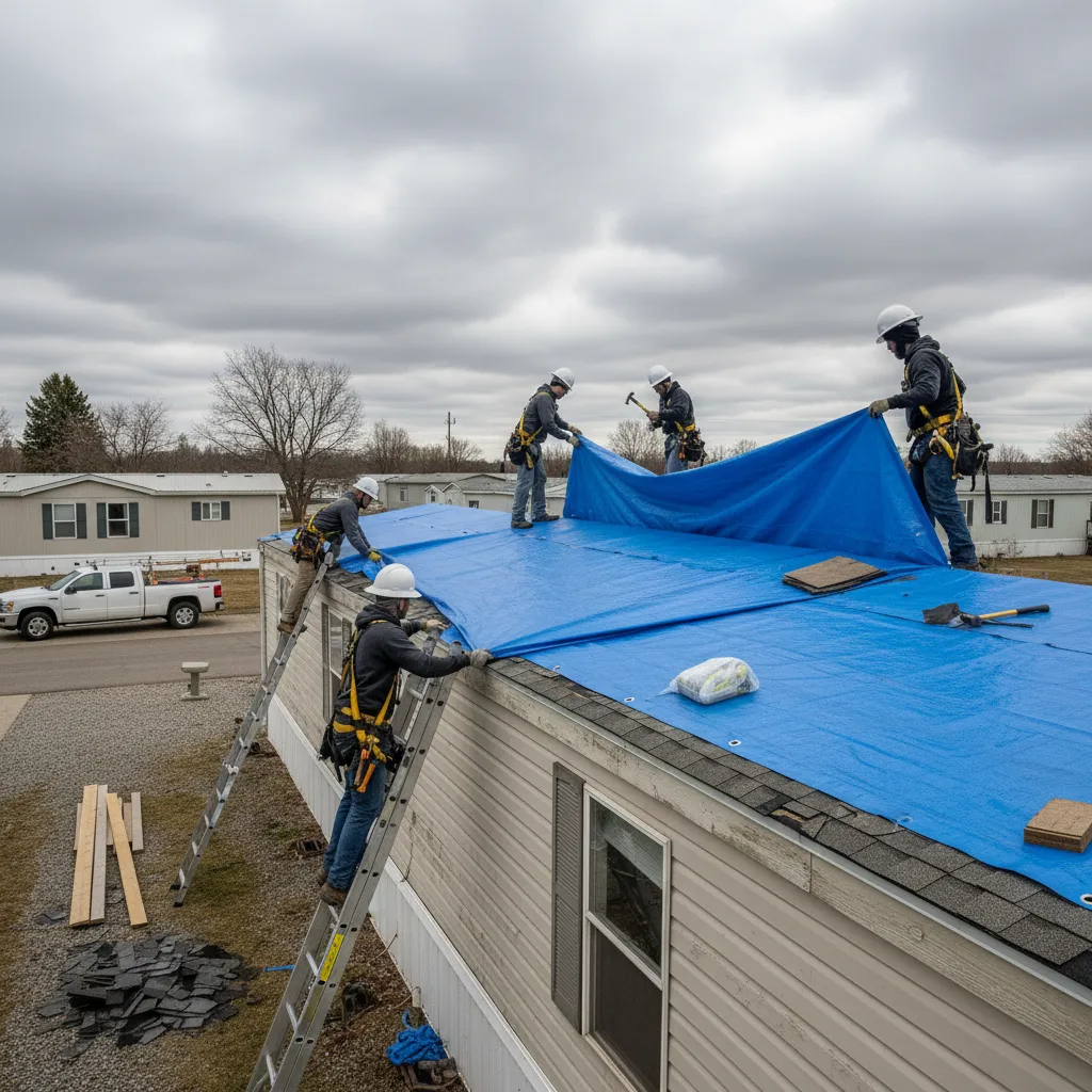 roofing crew covering mobile home roof during sudden rain