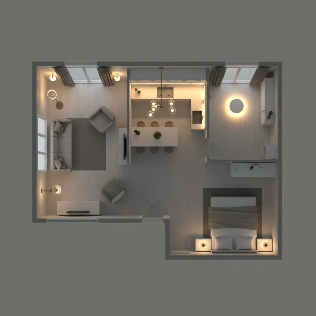 diagram style lighting layout for living room kitchen and bedroom in mobile home