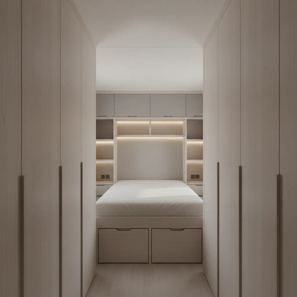 Built in storage solutions inside a small mobile home hallway and bedroom