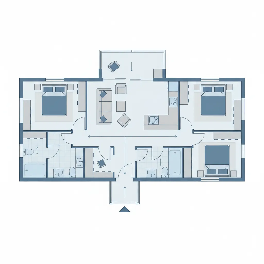 Mobile home floor plan diagram showing circulation and traffic flow