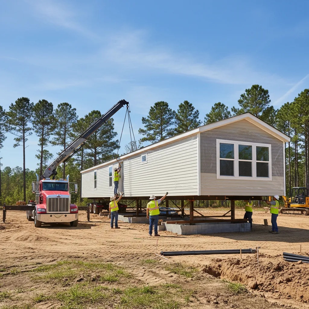 Manufactured home being transported and installed on prepared land