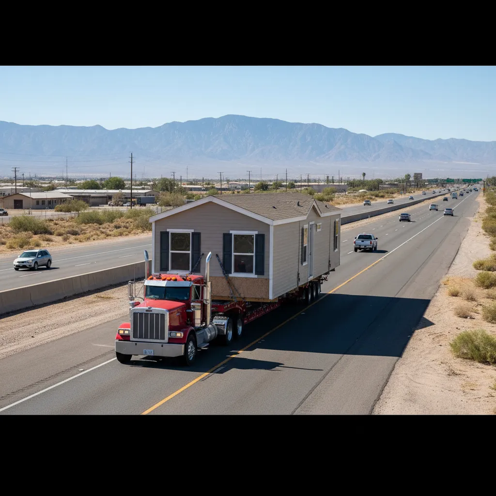 mobile home being transported on highway truck