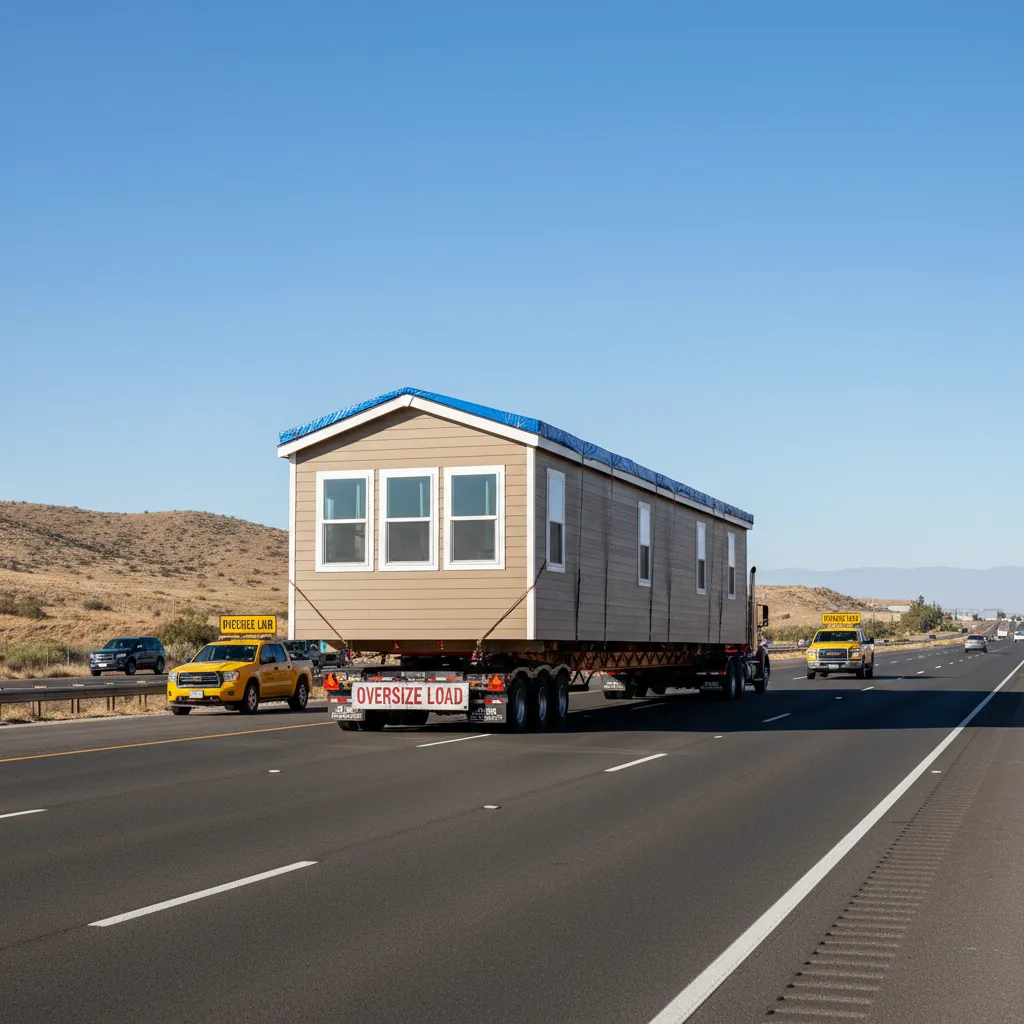 manufactured home section being transported by truck on highway