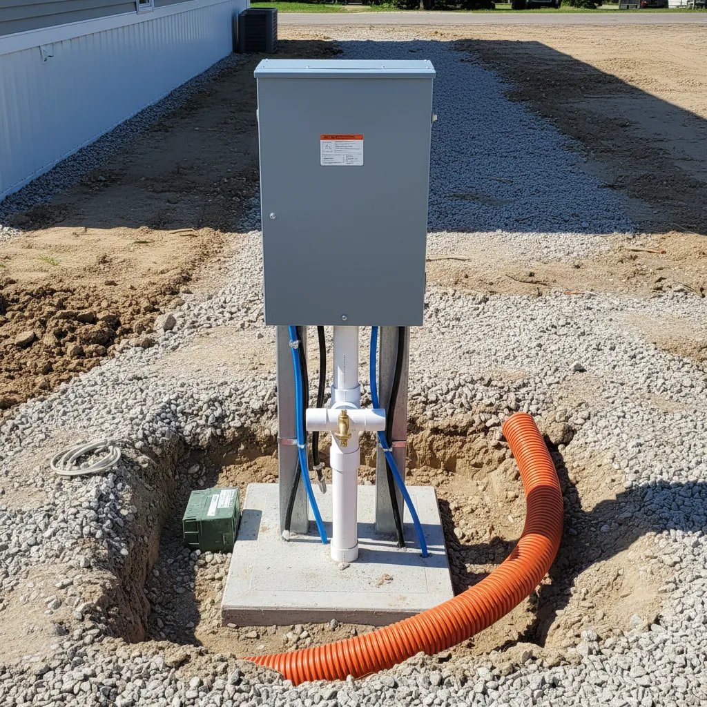 Utility hookups including electrical and water connections for a mobile home