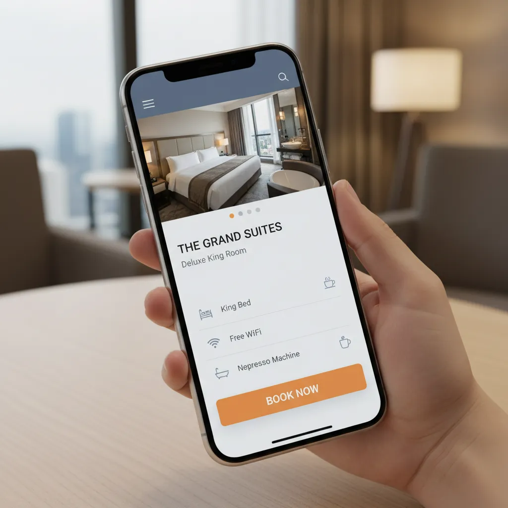 Mobile interface showing hotel room page with swipe gallery and booking button