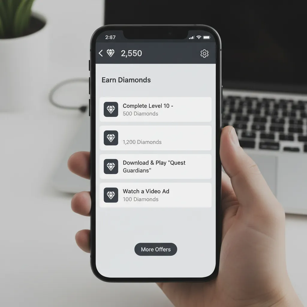 Mobile offerwall interface showing reward tasks and diamond payouts