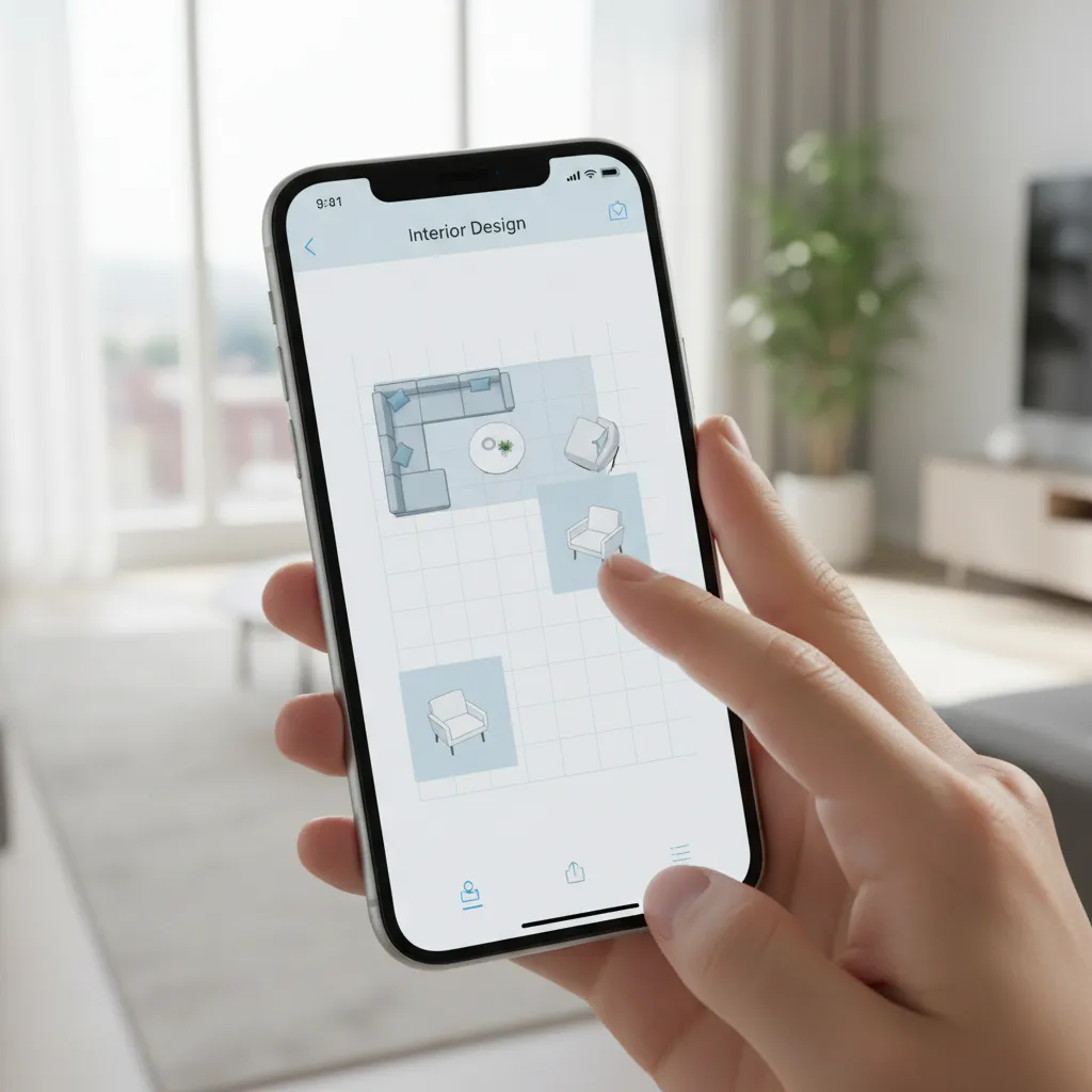 mobile interior design app interface showing room layout planning