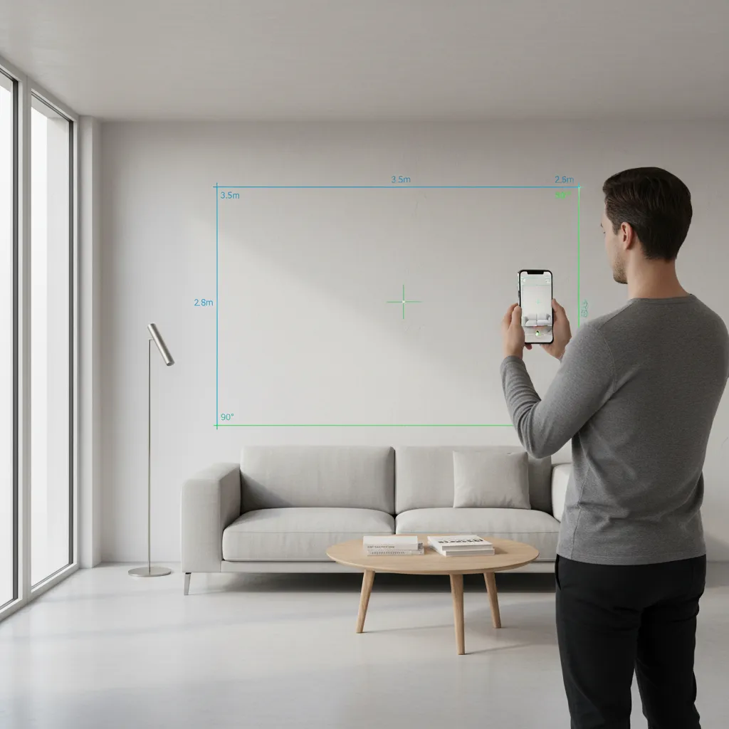 person using a smartphone AR app to measure a living room wall