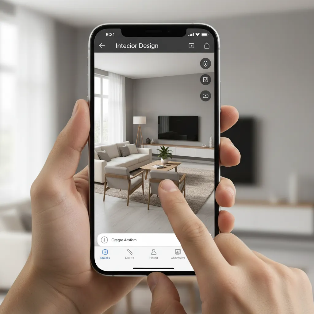 Hand using a mobile app to edit a modern living room design on a smartphone