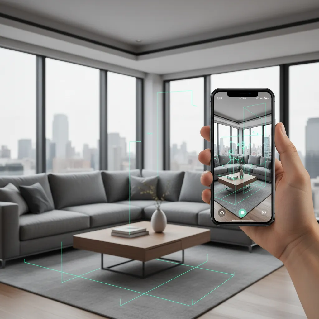 Person scanning a room with smartphone to generate a floor plan