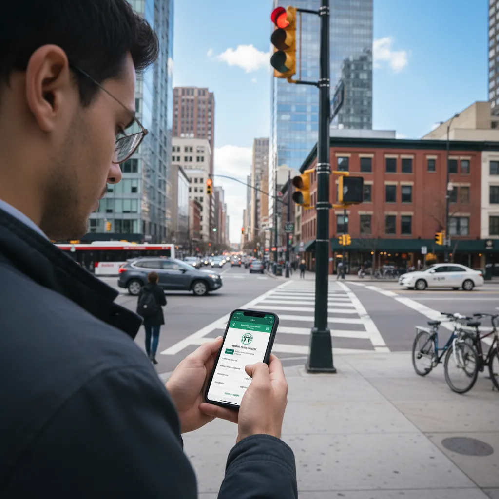 Person checking a traffic camera ticket on a smartphone while standing near a city intersection