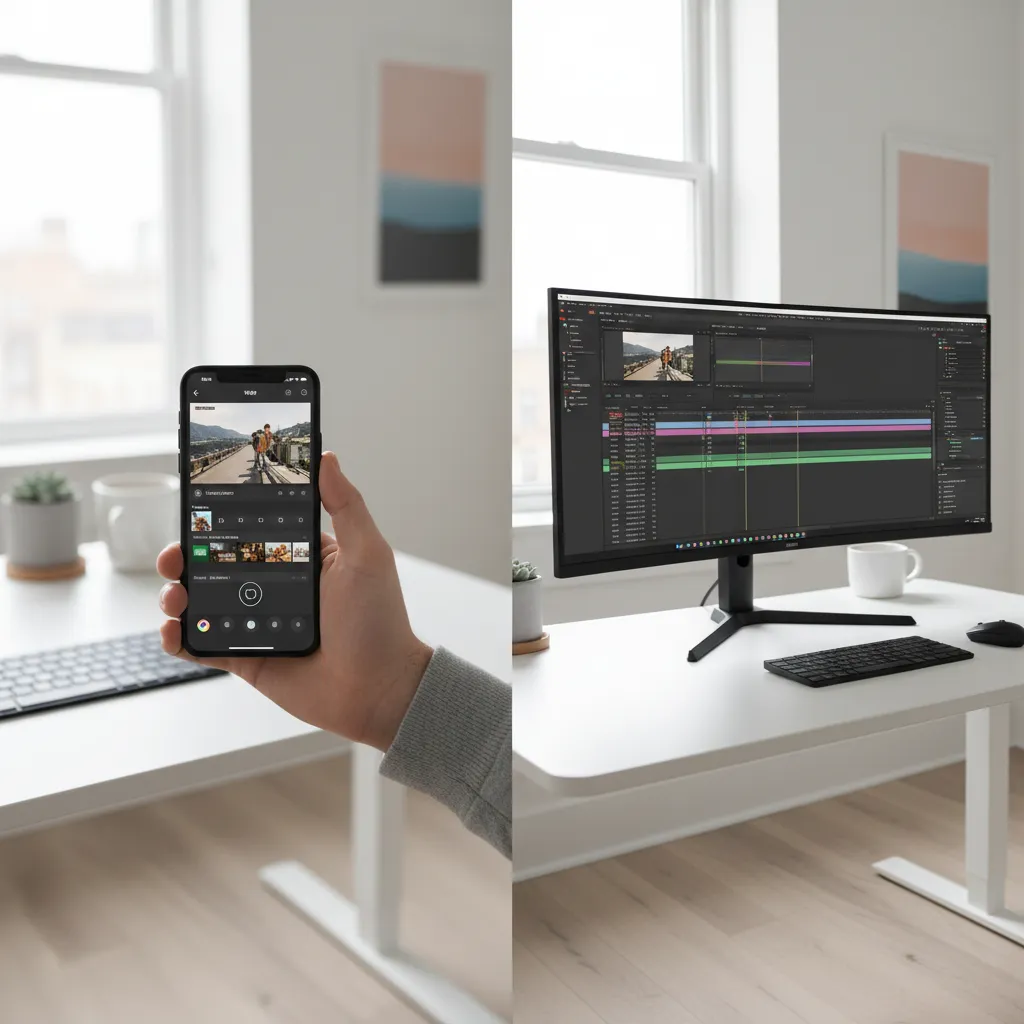 side-by-side workspace showing mobile and desktop editing of 3D home videos