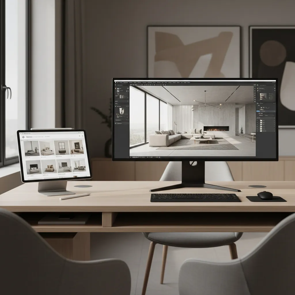 Comparison of mobile tablet and desktop computer running interior design planning software