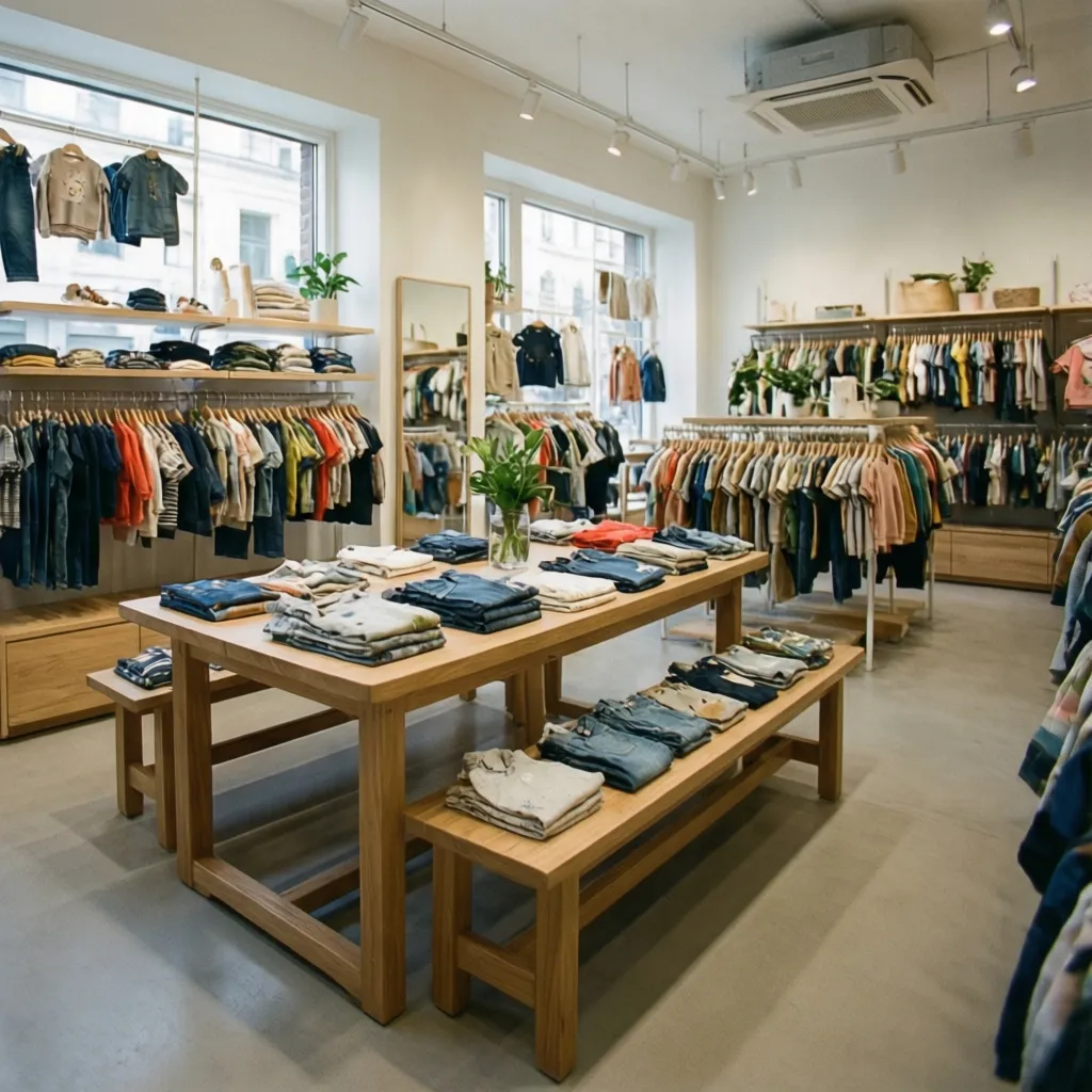 Mobiliario bajo para exhibir ropa infantil en una tienda