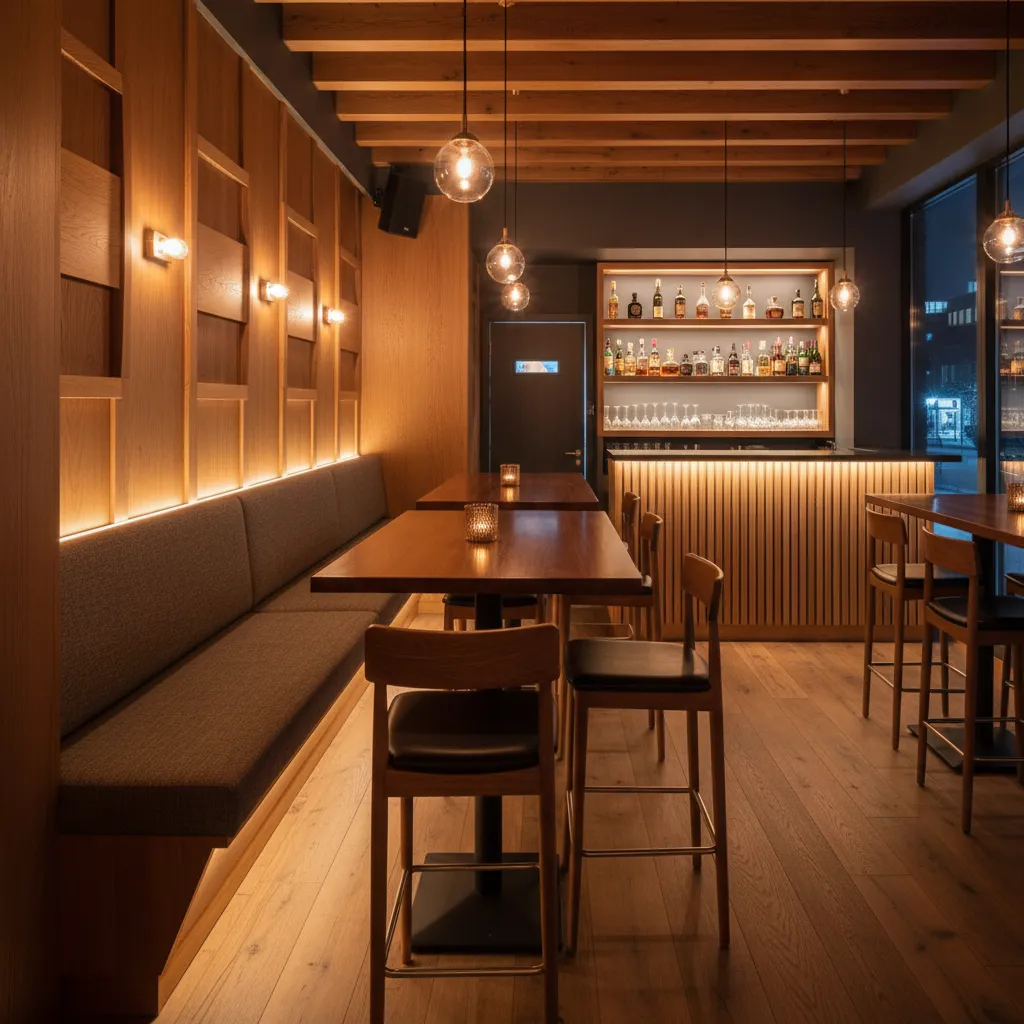 Warm bar interior featuring wooden tables, wall lights, ceiling lights, and long cushioned bench seating