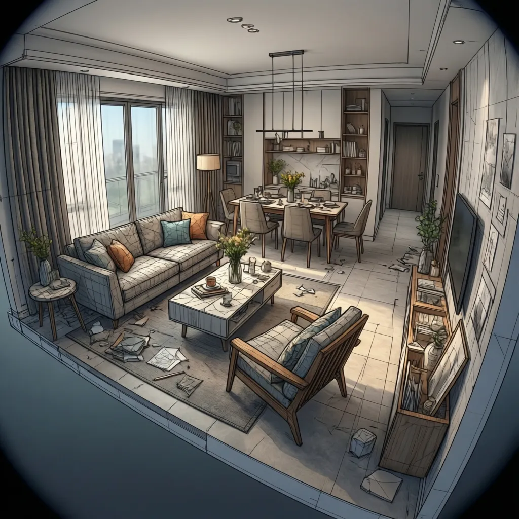 Living room interior design drawing with a gray sofa, wooden chair, and a dining table