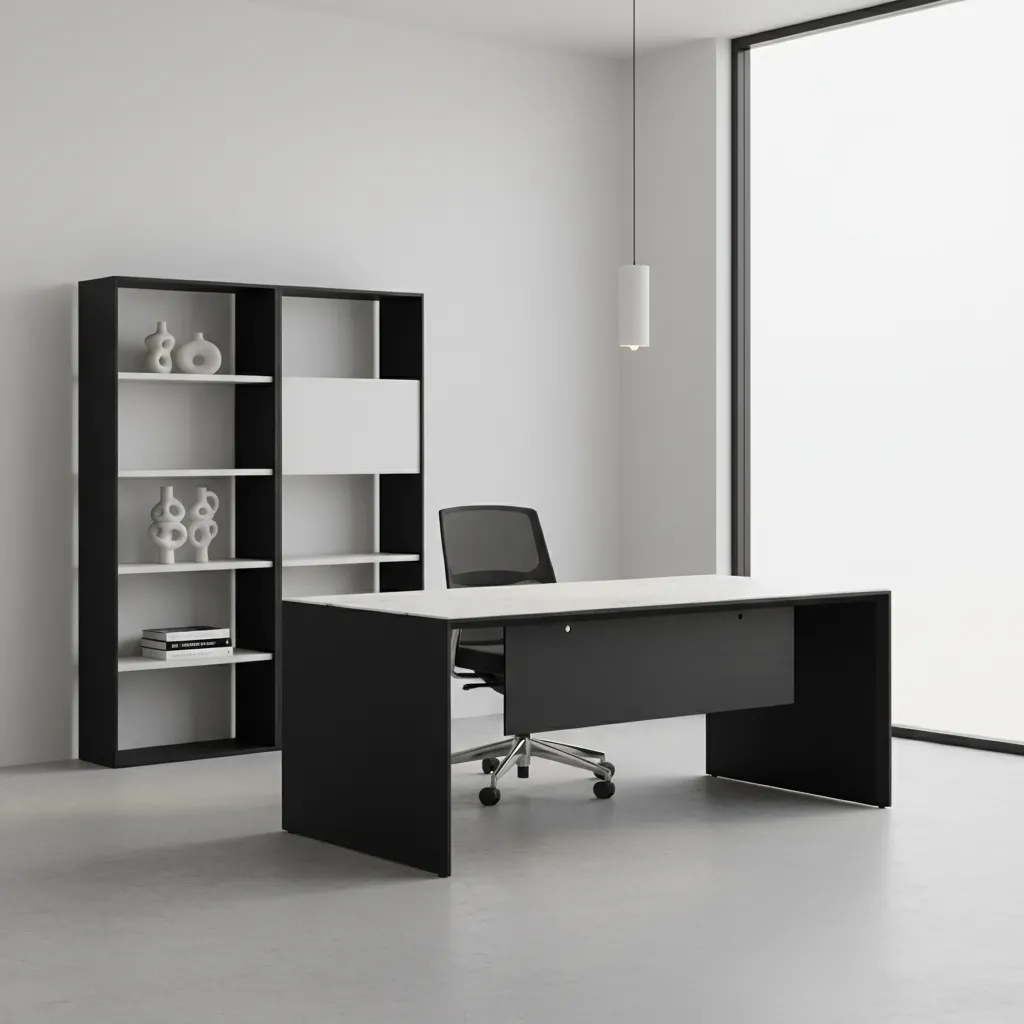 Minimalist home office with black desk, chair, tall shelving unit, white walls, and ceiling light