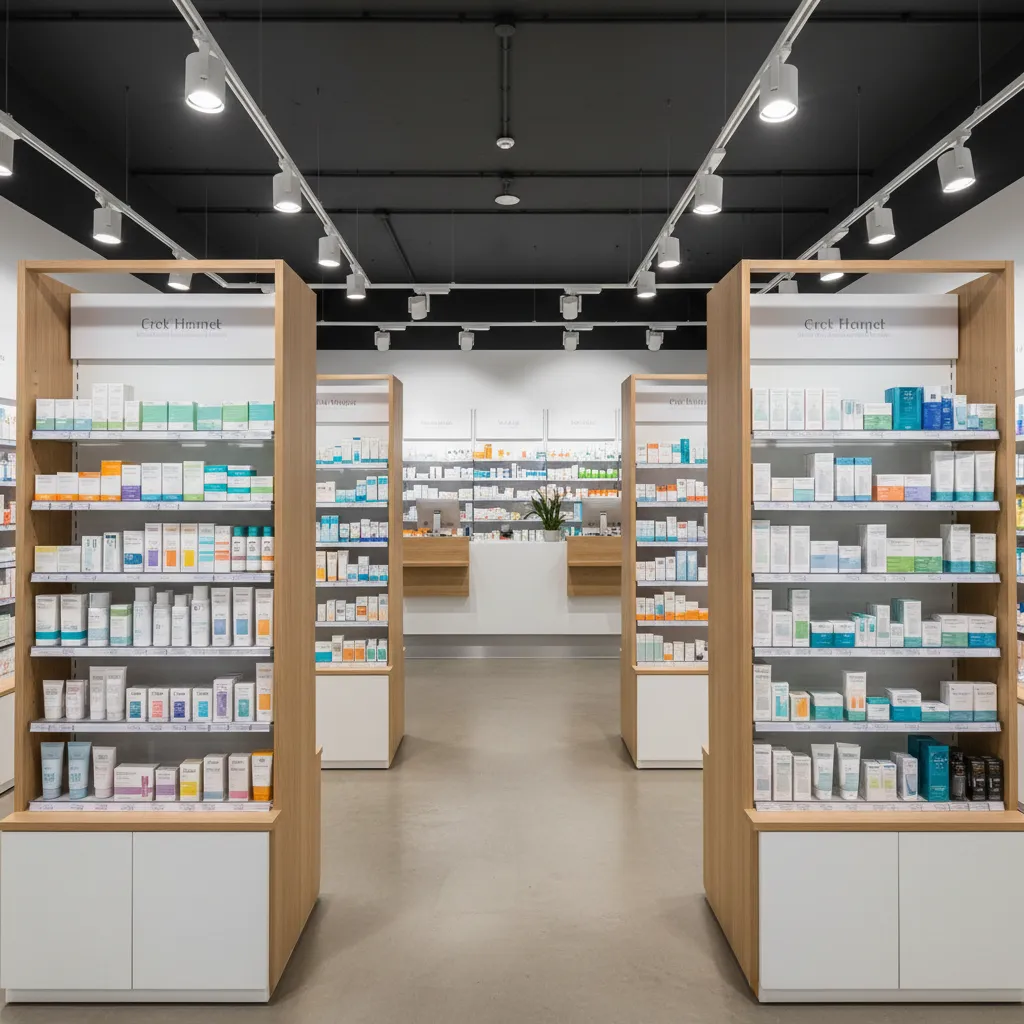 Pharmacy interior showing wooden display shelves filled with products under a black ceiling with lights