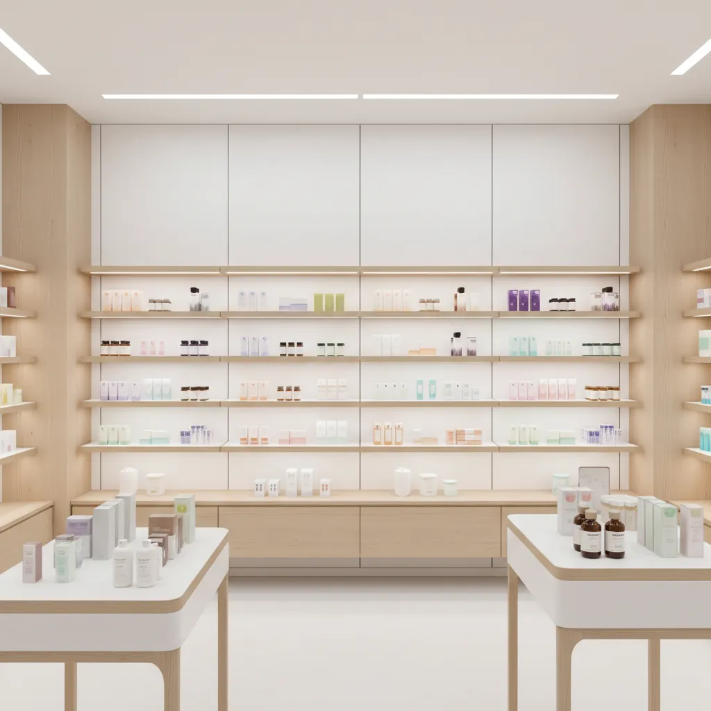Light wood display shelves with skincare products white walls and tables in a modern store