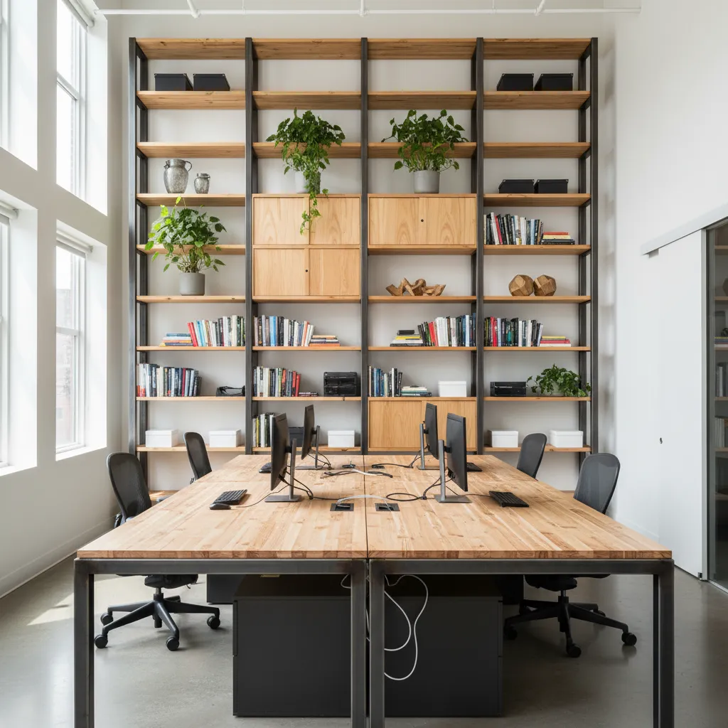 Espacio de trabajo pequeño con mesa grande compartida y estanterías verticales