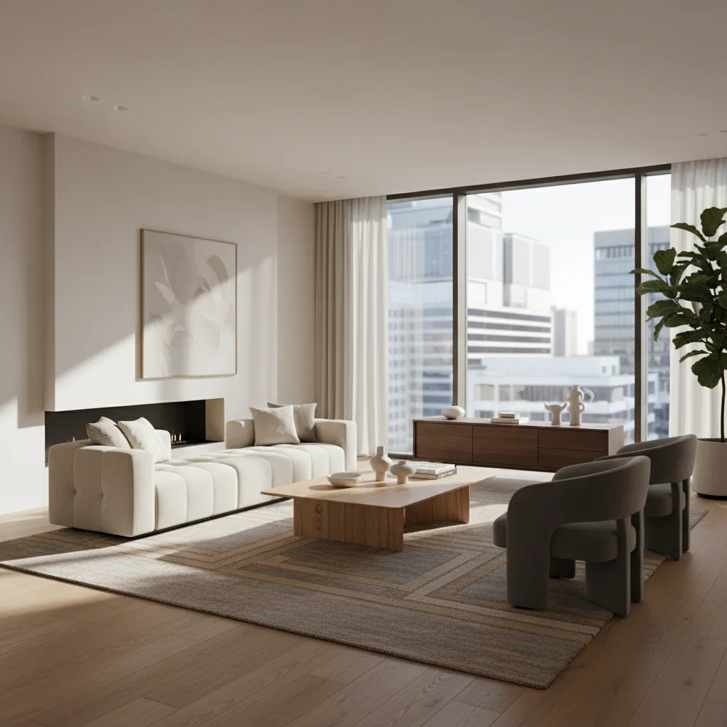 Modern living room interior design drawing with white sofa wooden coffee table cabinet and windows