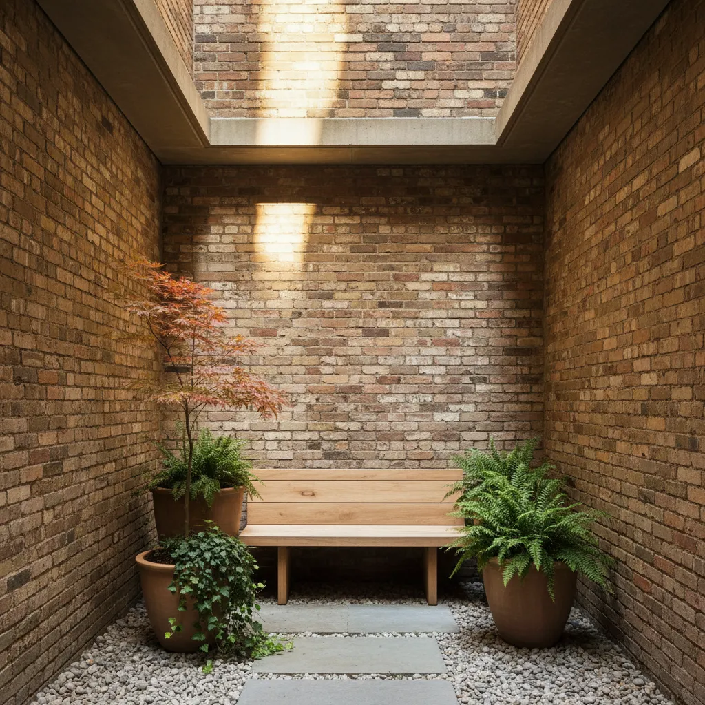 Small brick courtyard with a wooden bench, potted green plants, pebble ground, and natural sunlight