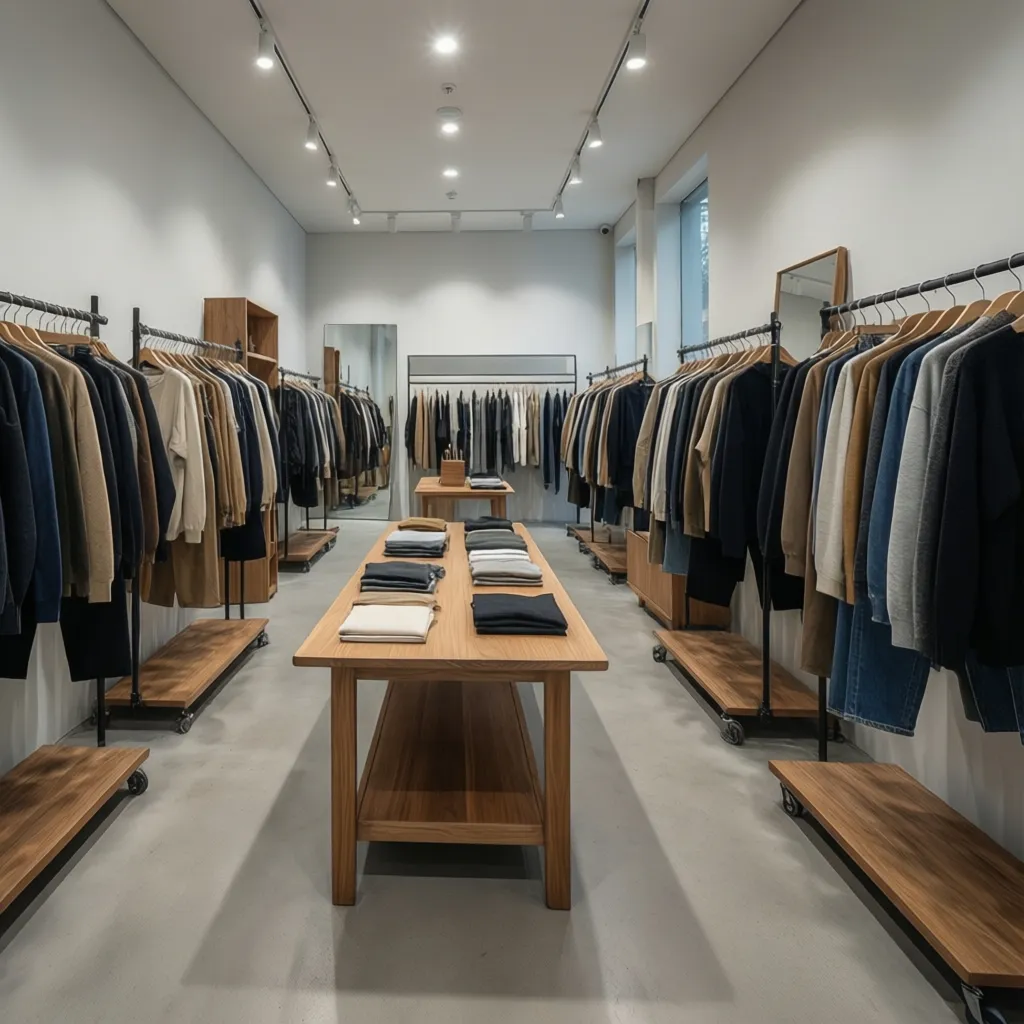 Mobiliario modular en tienda de moda con mesas móviles y racks metálicos