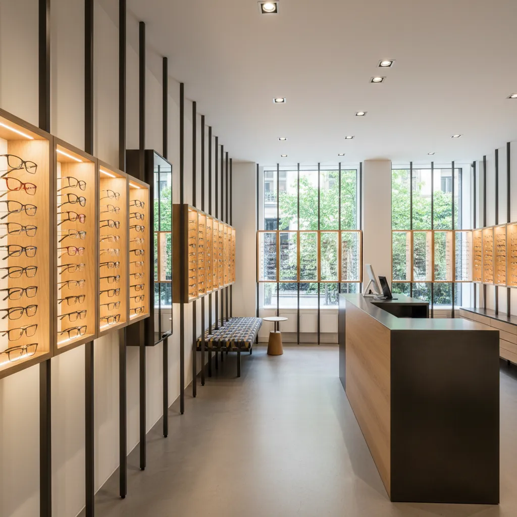 Modern optical store interior with wooden display shelves for glasses and a large wooden service counter