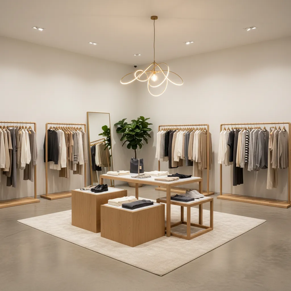 Mobiliario organizado en boutique de ropa moderna