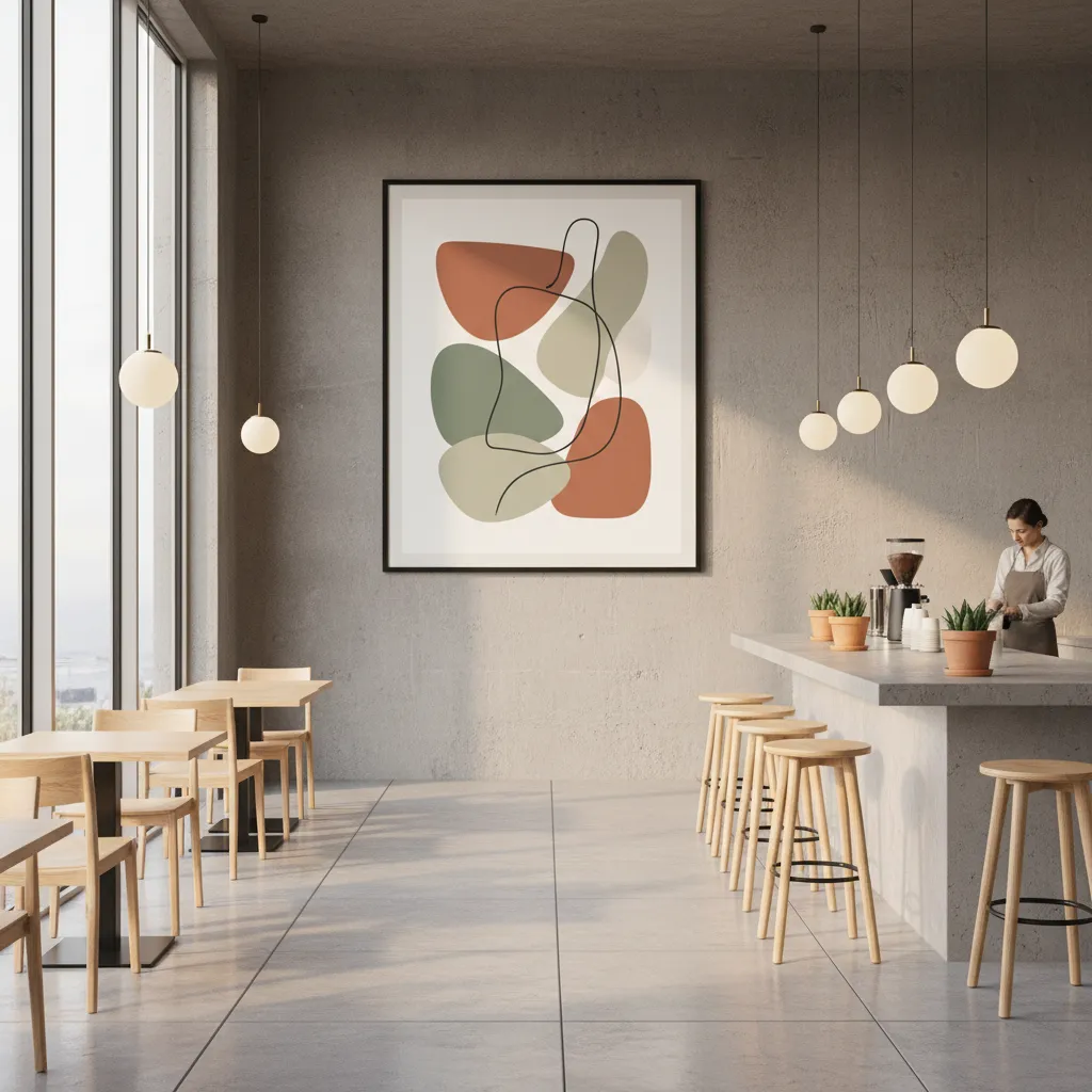 Cartel colocado en la pared de una cafetería moderna como simulación de diseño