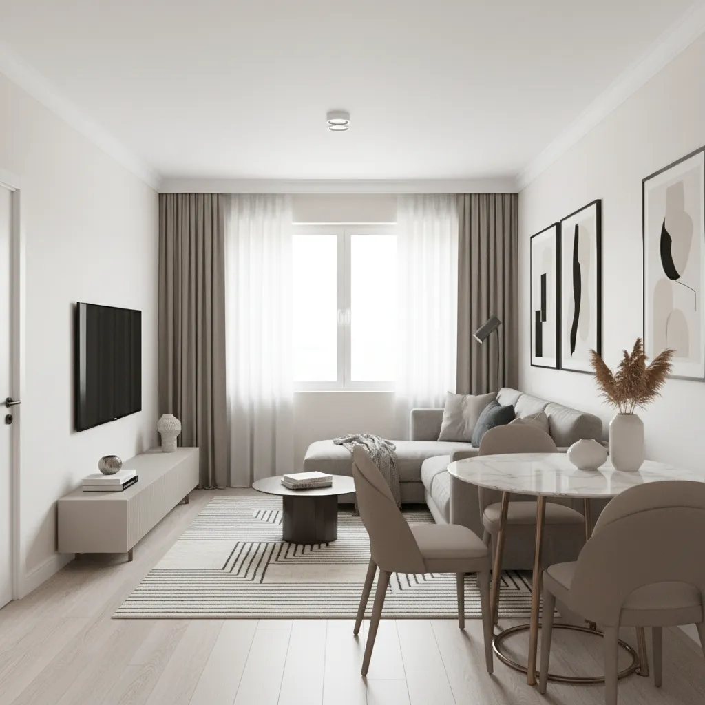 Model apartment living dining room with compact sofa and small dining table