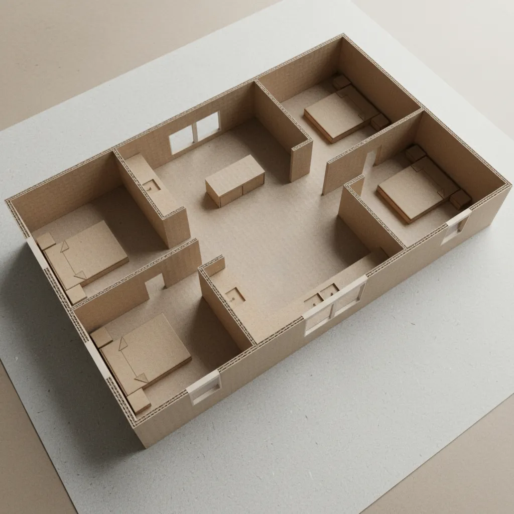 Model denah rumah dari kardus tanpa atap memperlihatkan pembagian ruangan