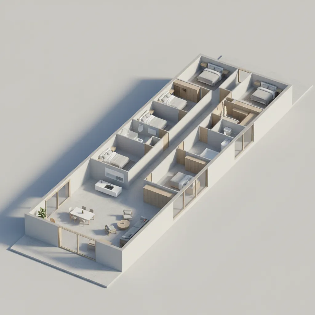 Model denah rumah panjang dalam tampilan 3D