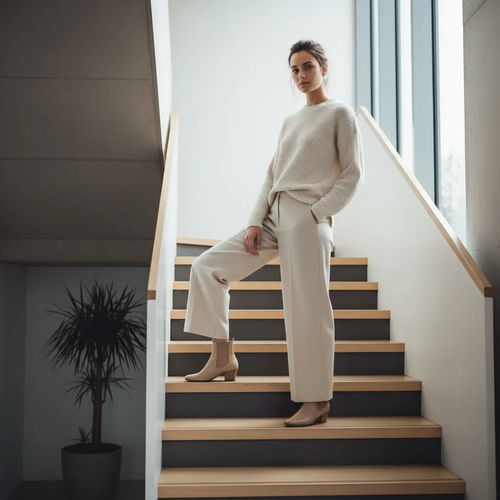model standing naturally on indoor staircase demonstrating balanced stair pose