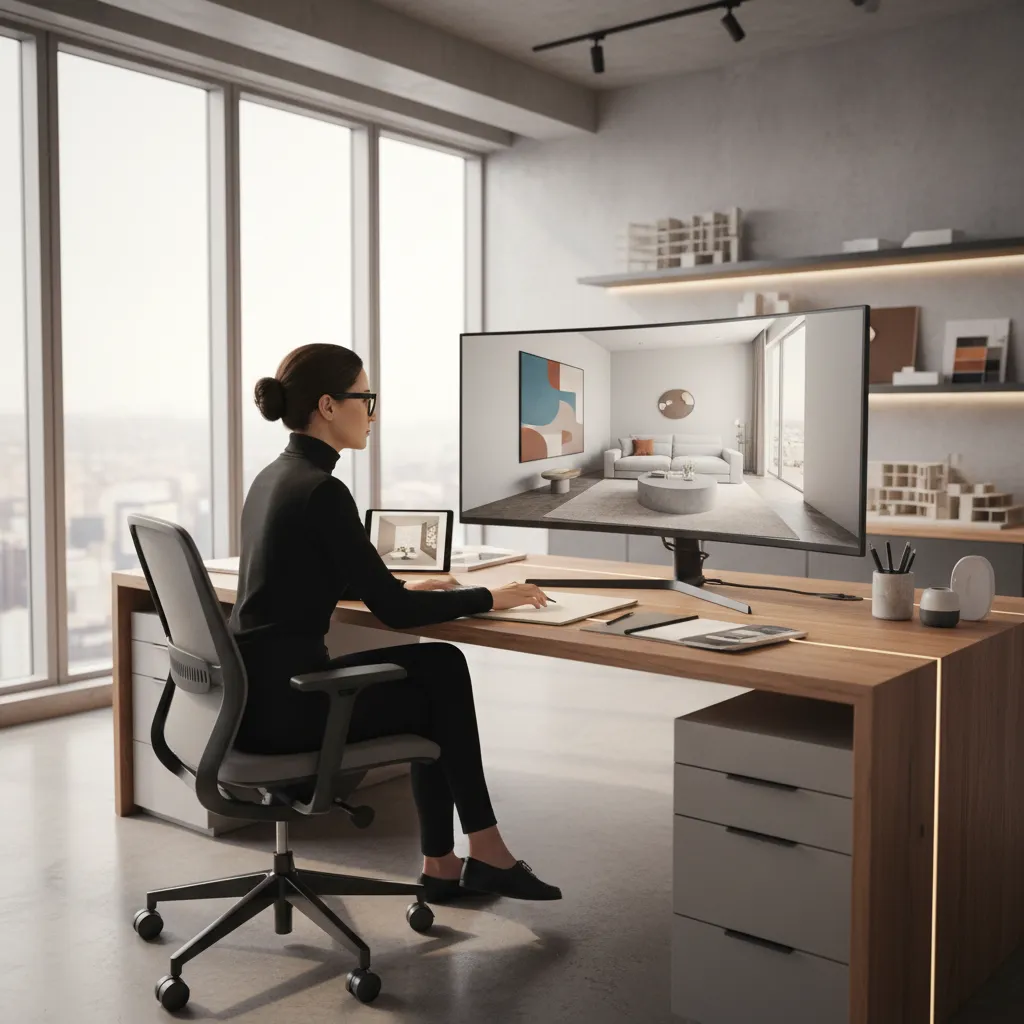 Woman sitting at a desk viewing a modern living room interior design drawing on monitor