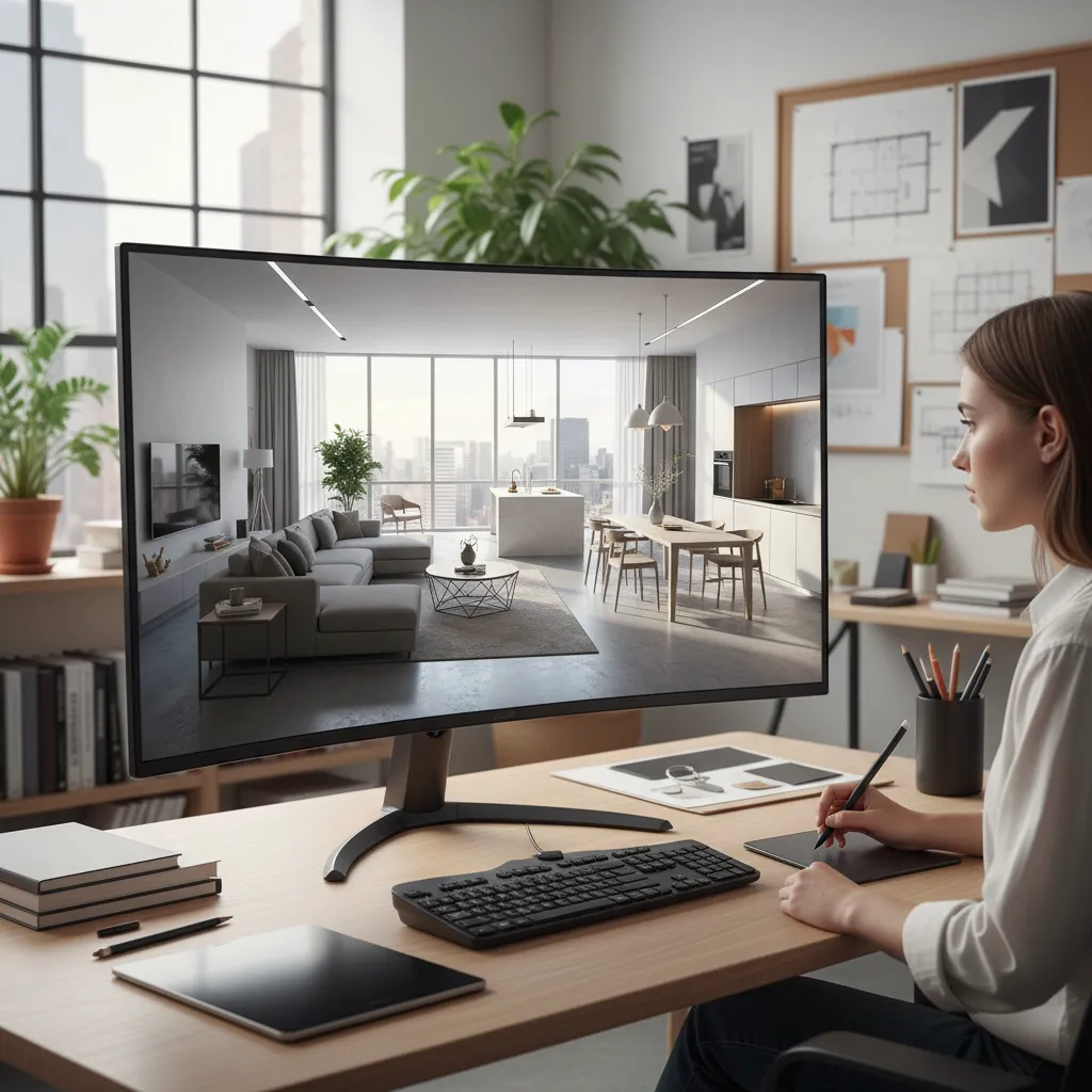 Pantalla de ordenador mostrando modelo 3D de un diseño interior