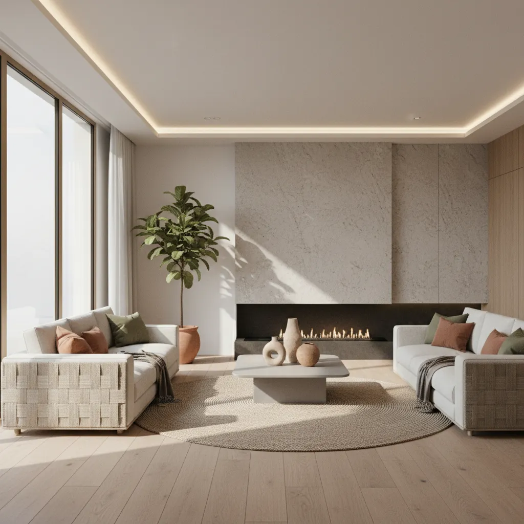 Visualización 3D de un diseño de sala moderna creada por estudiante