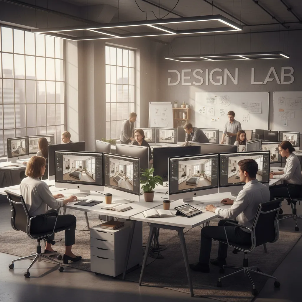 Estudiantes trabajando en modelado 3D de interiores en ordenadores
