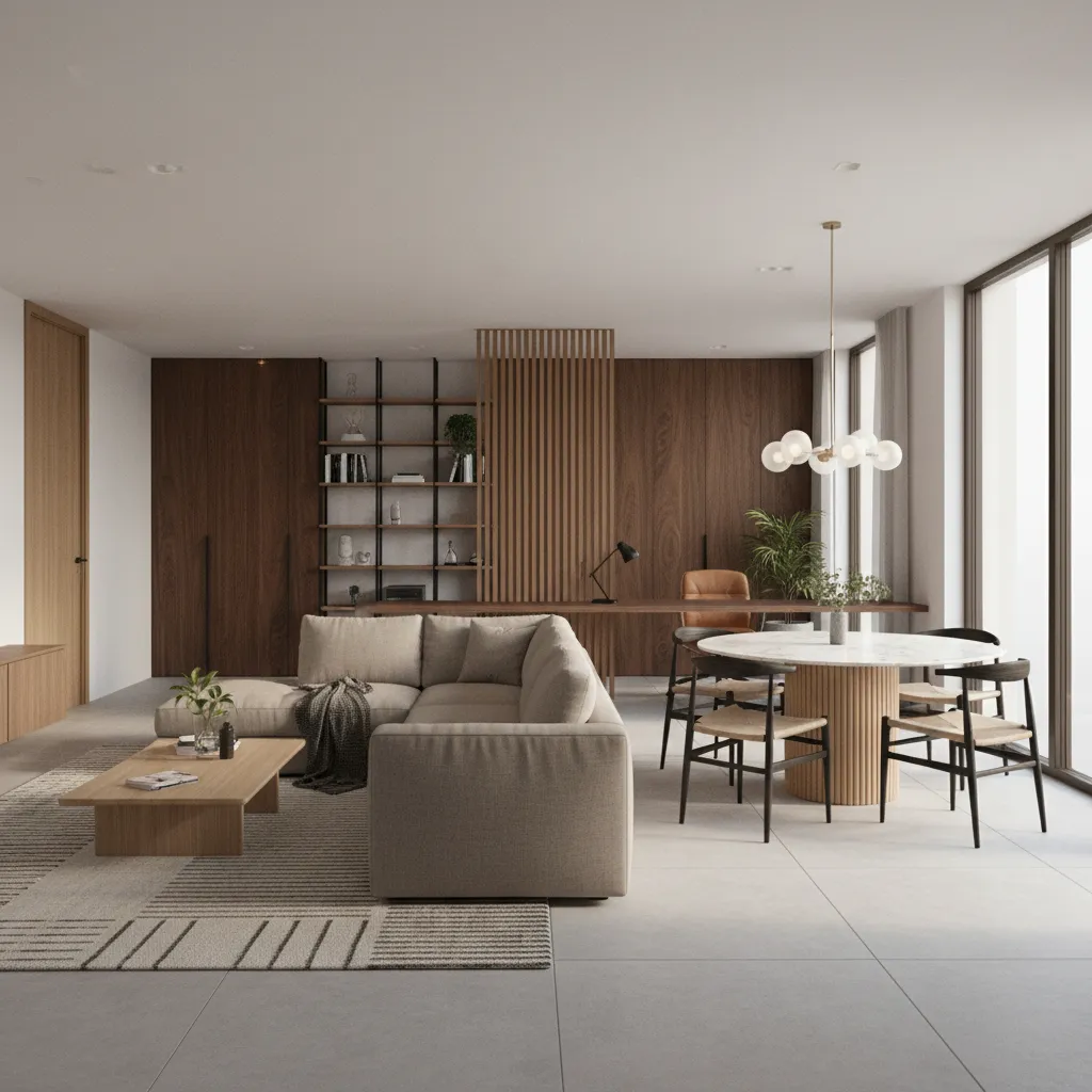 Modern living room with beige sofa wooden coffee table marble dining table and ceiling light