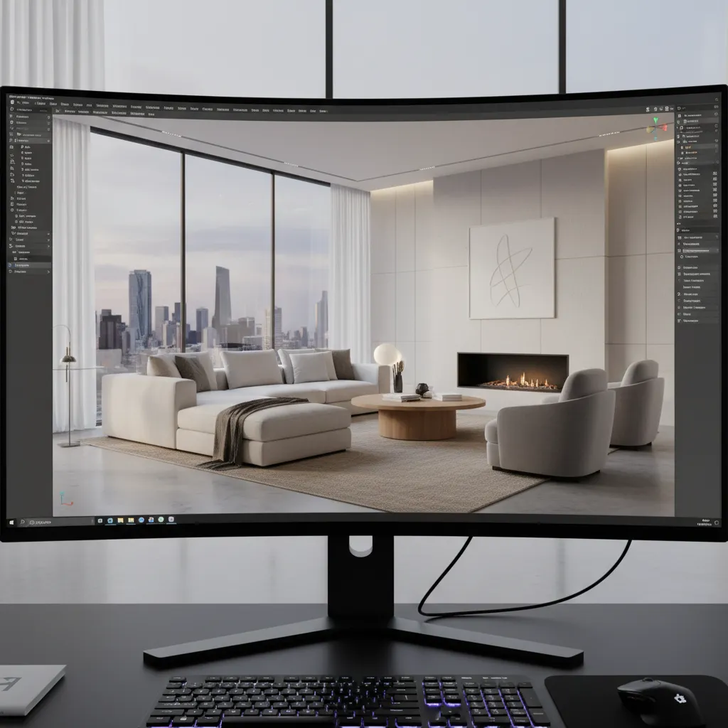 Modelo 3D de un salón moderno en software de diseño