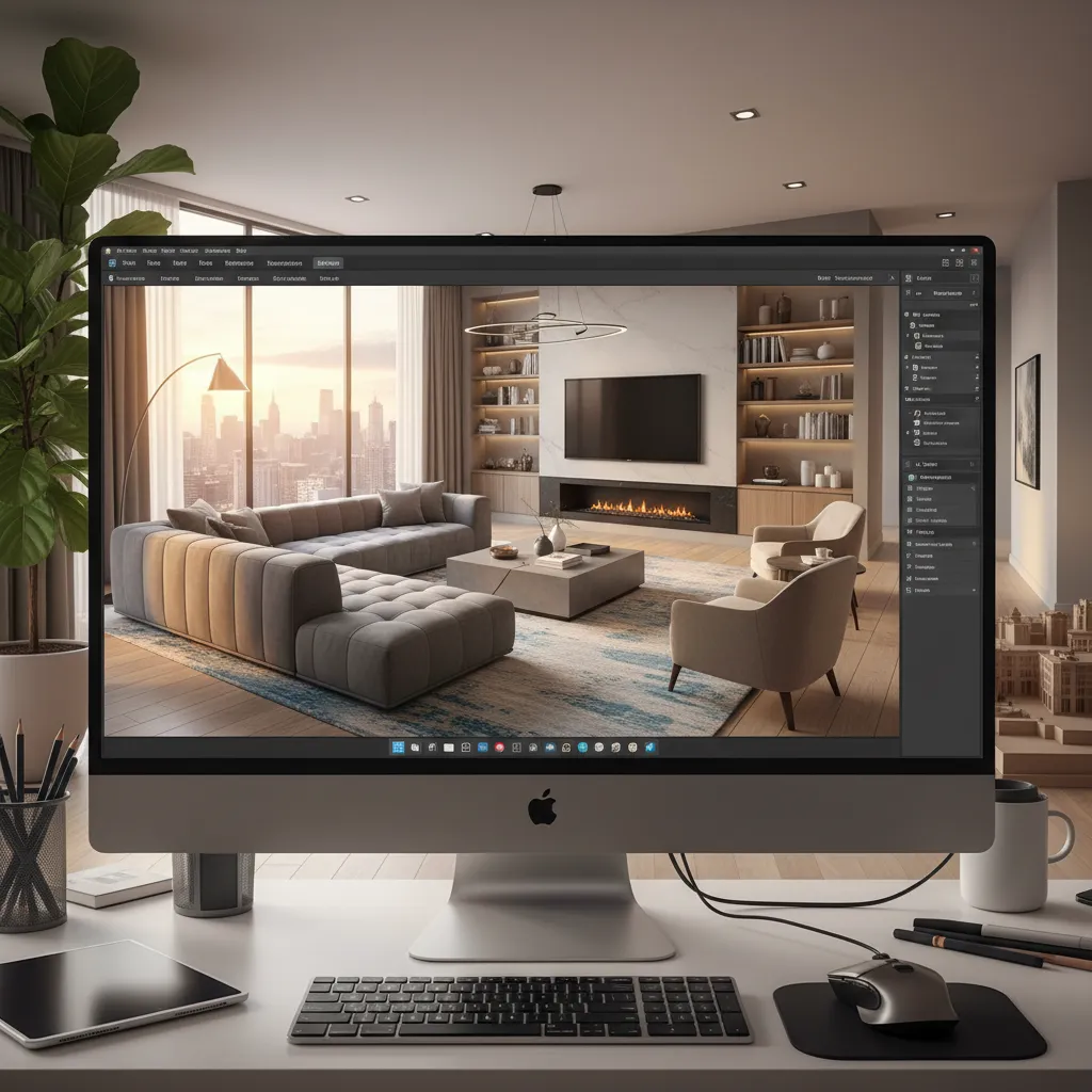 Pantalla mostrando modelado 3D de un salón moderno durante el proceso de diseño