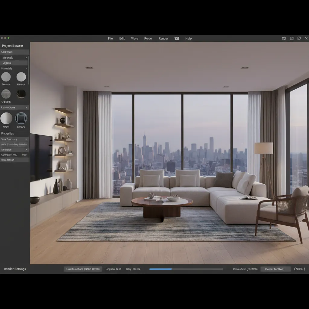 Modelo 3D de una sala moderna dentro de un software de diseño