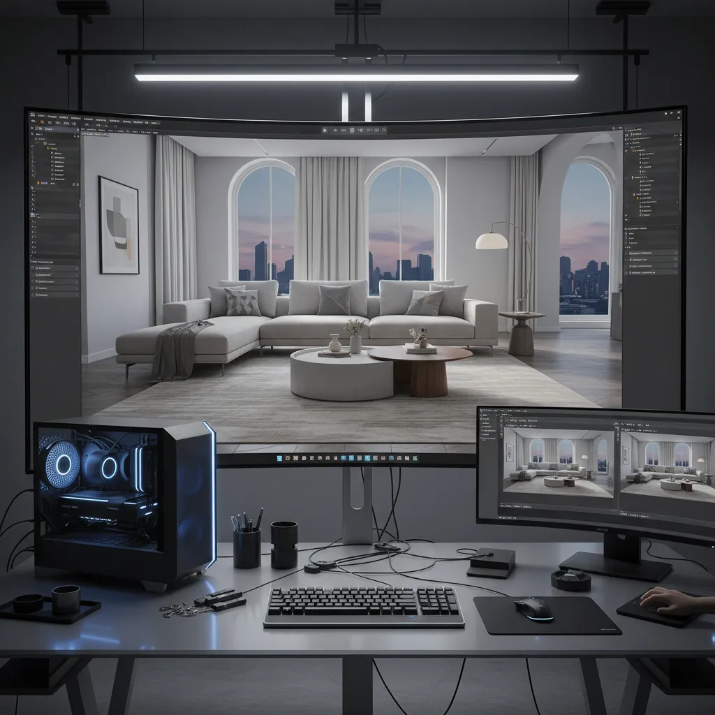Computer workstation showing interior design drawing of modern living room on a large curved monitor